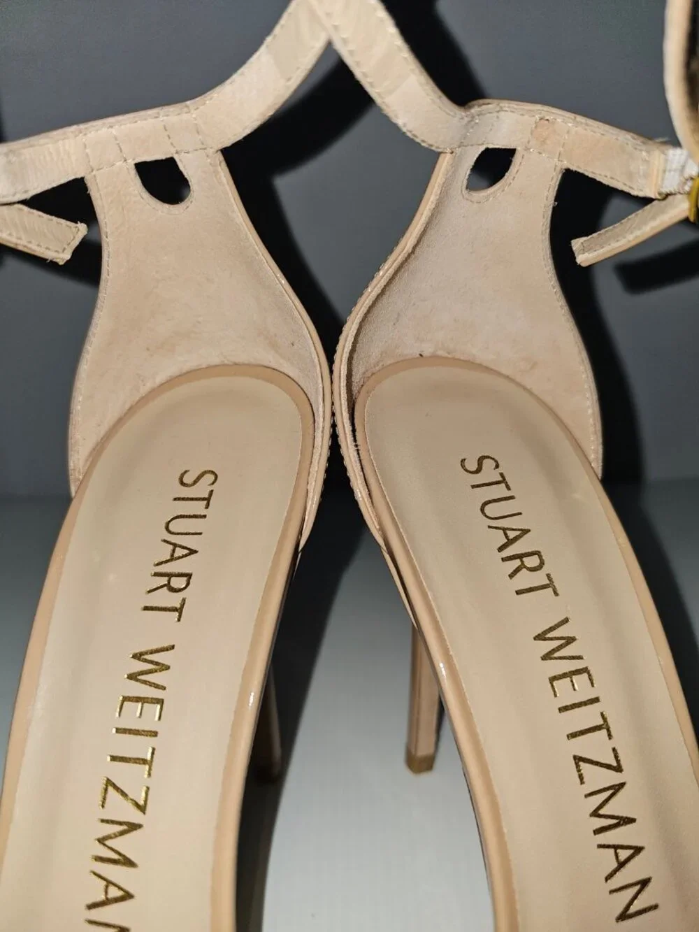 Stuart Weitzman Nudistcurve 100 Heels Womens 10 Tan Patent Leather Ankle Strap